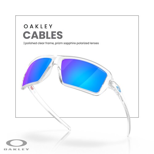 OAKLEY Cables OO9129 912905 63MM Polished Clear/Prizm Sapphire Polarized Rectangular Sunglasses for Men+ Bundle Accessory Leash Kit, Microfiber Pouch