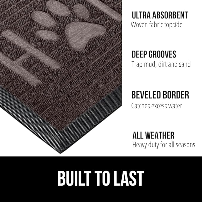 GORILLA GRIP 100% Waterproof All-Season WeatherMax Doormat, 47x35, Durable Natural Rubber, Stain and Fade Resistant, Low Profile, Indoor Outdoor Door Mats, Easy Clean Entrance Mat, Espresso Home Paw