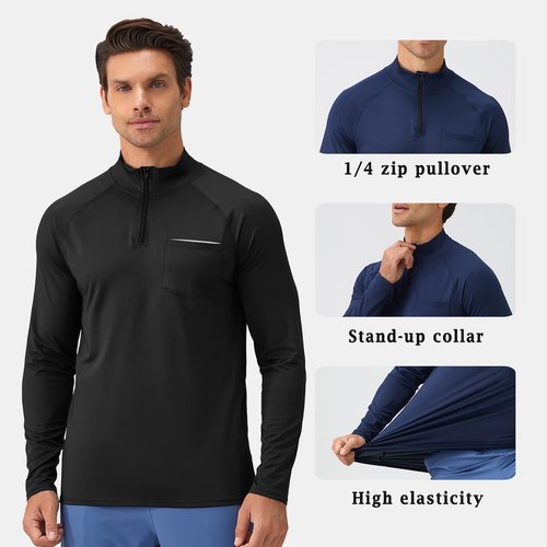 CICI FIVE Quarter Zip Pullover Men Long Sleeve 1/4 Zipper Golf Sweatshirts Sun UPF 50+ Shirts Rash Guard for Fishing Running Athletic Workout Black