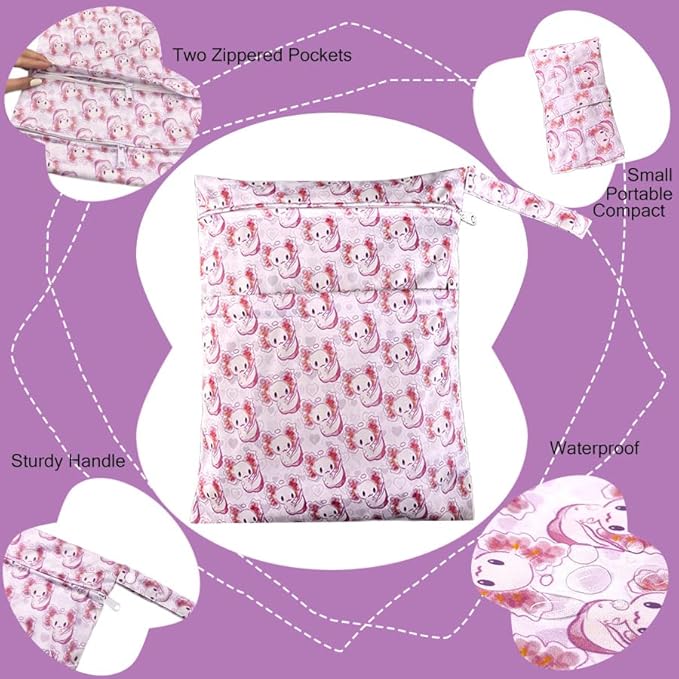 Wet Dry Bag with Two Zippered Pockets, Waterproof Reusable 2pcs Axolotl Wet Bags for Swimsuits, Beach, Swimming Pool,Dirty Yoga Clothes,Travel,Makeup Bag, Fitness, Storage Bag With Handle