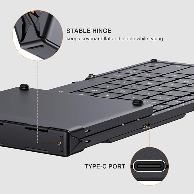 ProtoArc Foldable Bluetooth Keyboard, XK01 Folding Wireless Portable Keyboard with Numeric Keypad, Full-Size Travel Keyboards for iPad Tablet Smartphone Laptop PC Windows iOS Android, Black