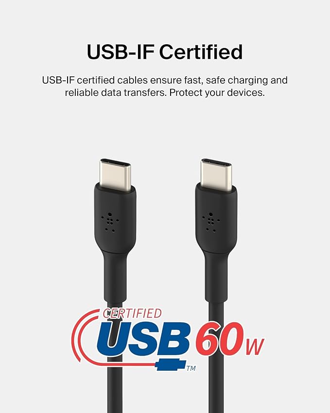 Belkin BoostCharge USB-C to USB-C Cable (1M/3.3ft) for iPhone 16, iPhone 16 Pro, Samsung Galaxy S25, S24, Pixel 9 & 8, iPad Pro, Nintendo Switch 2, Carplay & More – Black