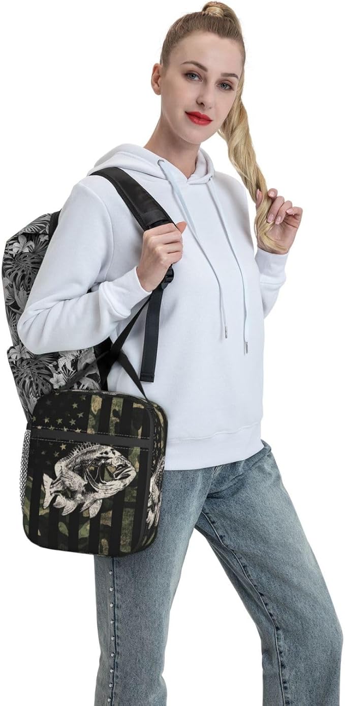 Fishing Camouflage American Flag Bass Lunch Box, Portable Insulated Lunch Bag with Detachable Handle,Reusable Lunchbox for Boys Girls Men Women Adults