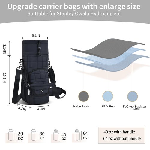 Water Bottle Carrier Bag Insulated with Phone Pocket Quilt Water Bottle Holder Pouch, Daily Use Sling Bag with Adjustable Strap, Large Space for Stanley 40oz Tumbler and Any Other Sports Water Bottle