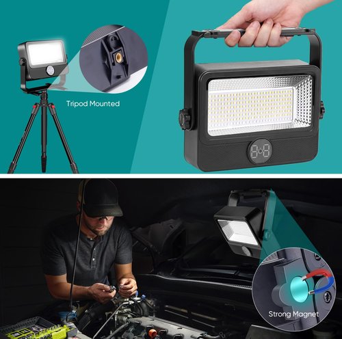 100W LED Work Light Rechargeable with Stand, Rechargeable Outdoor Light Solar Camping Lights with Magnetic, 4 Modes, Waterproof Portable Flood Light for Emergency, Repair, Camping