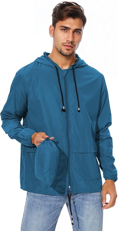 Zando Packable Rain Jacket for Men - Waterproof Hooded Raincoat, Windbreaker for Outdoor Travel Golf - Lightweight Blue L