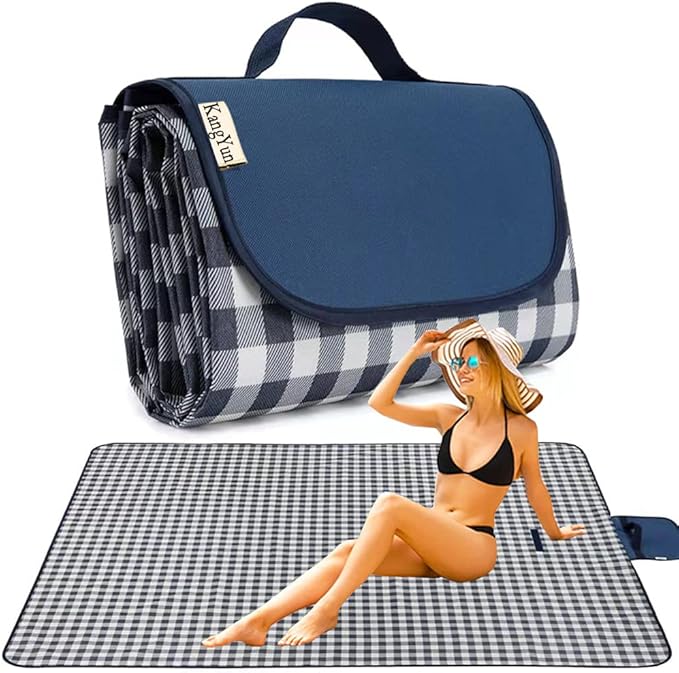 K Y KANGYUN Outdoor Picnic Blankets 80" x 80", Extra Large Beach Blanket, Foldable Lightweight Waterproof Sand Mat, Picnic Blanket for Beach Camping Hiking Park Patio (Dark Blue, 80x80 inch)