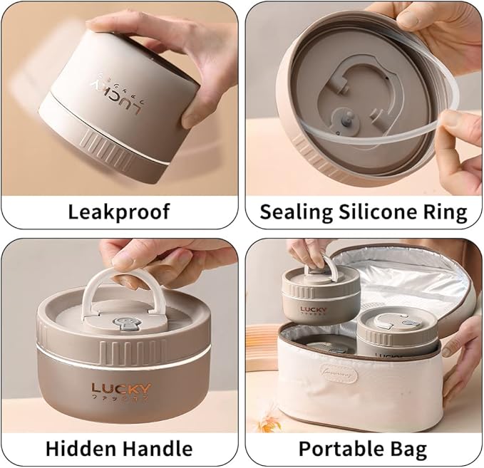 YBOBK HOME Thermal Bento Box Aldult Lunch Box, Portable Insulated Lunch Container For Work Picnic, Keep Warm Stainless Steel Food Container With Bag, Induction Cooker & Microwave Safe(Khaki 34oz)