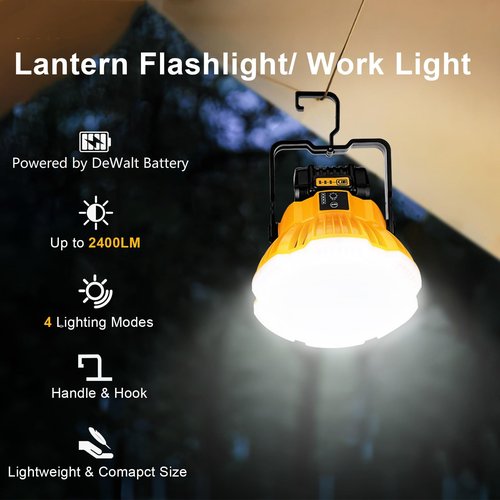 GRVODFRTA 2400LM LED Camping Lantern Light for Dewalt 18V 20V MAX Battery, 3 Adjustable Brightness Cordless Portable LED Work Light Floodlight with Hook for Tent Jobsite Ceiling Light(No Battery)