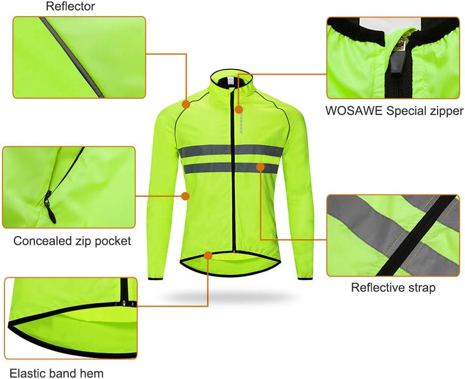 WOSAWE Men's High Visibility Cycling Wind Jacket Water Resistance Reflective Windbreaker