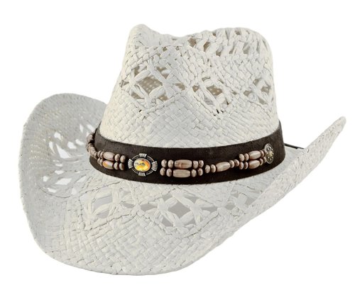 TOVOSO Straw Cowboy Hat for Women with Beaded Trim and Shapeable Brim, T20 White