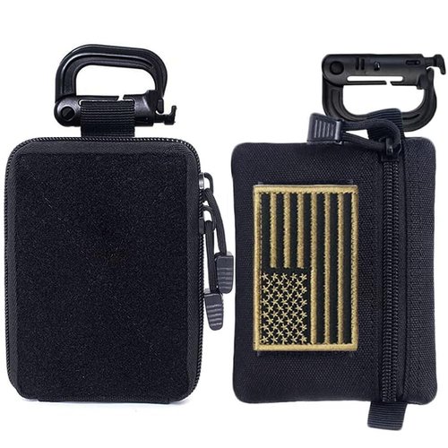 Tactical First Aid Pouch + Compact EDC Pouch, Utility Military Belt Waist Bag Pack with Flag Patch for Hiking, Traveling, Outdoors (Black)