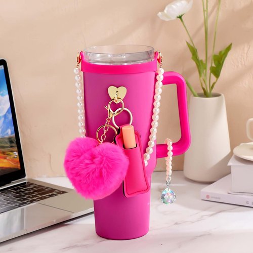 SiliFine Compatible with Stanley Cup 30&40oz Tumbler with Handle Accessories Including Silicone Water Bottle Handle Holder with Pearl Strap Beadable Charm Tumbler and Pompom Keychain(Rose Red,Classic)