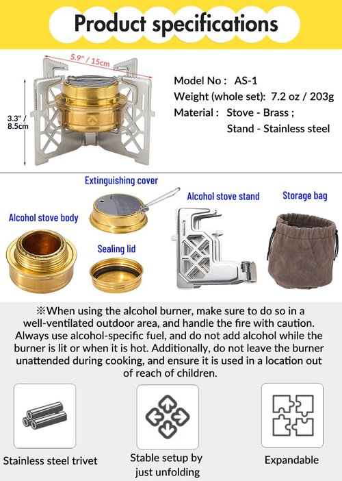 CAMPINGMOON Alcohol Stove Brass Stainless Steel Mini for Backpacking Hiking Rack Cross Stand AS-1
