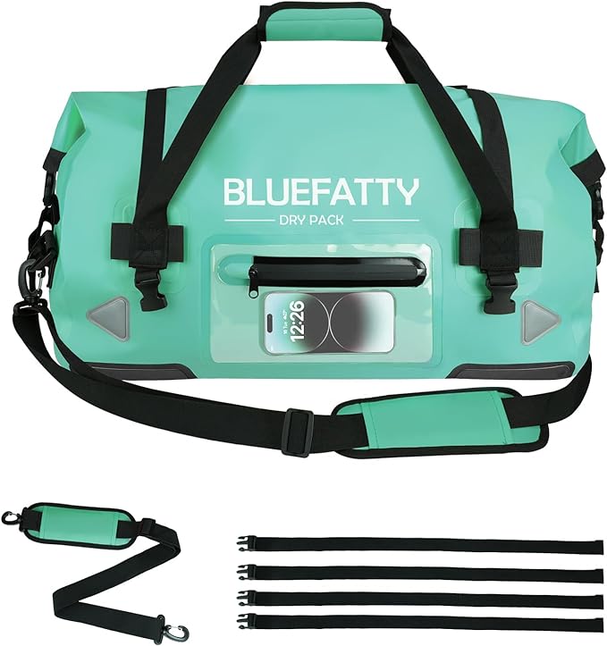 Waterproof Motorcycle Duffel Bag Roll Top Dry Duffel Bag with Quick-fixed Straps for Rafting, Boating, Kayaking, Travel, 50L(Ocean Green)