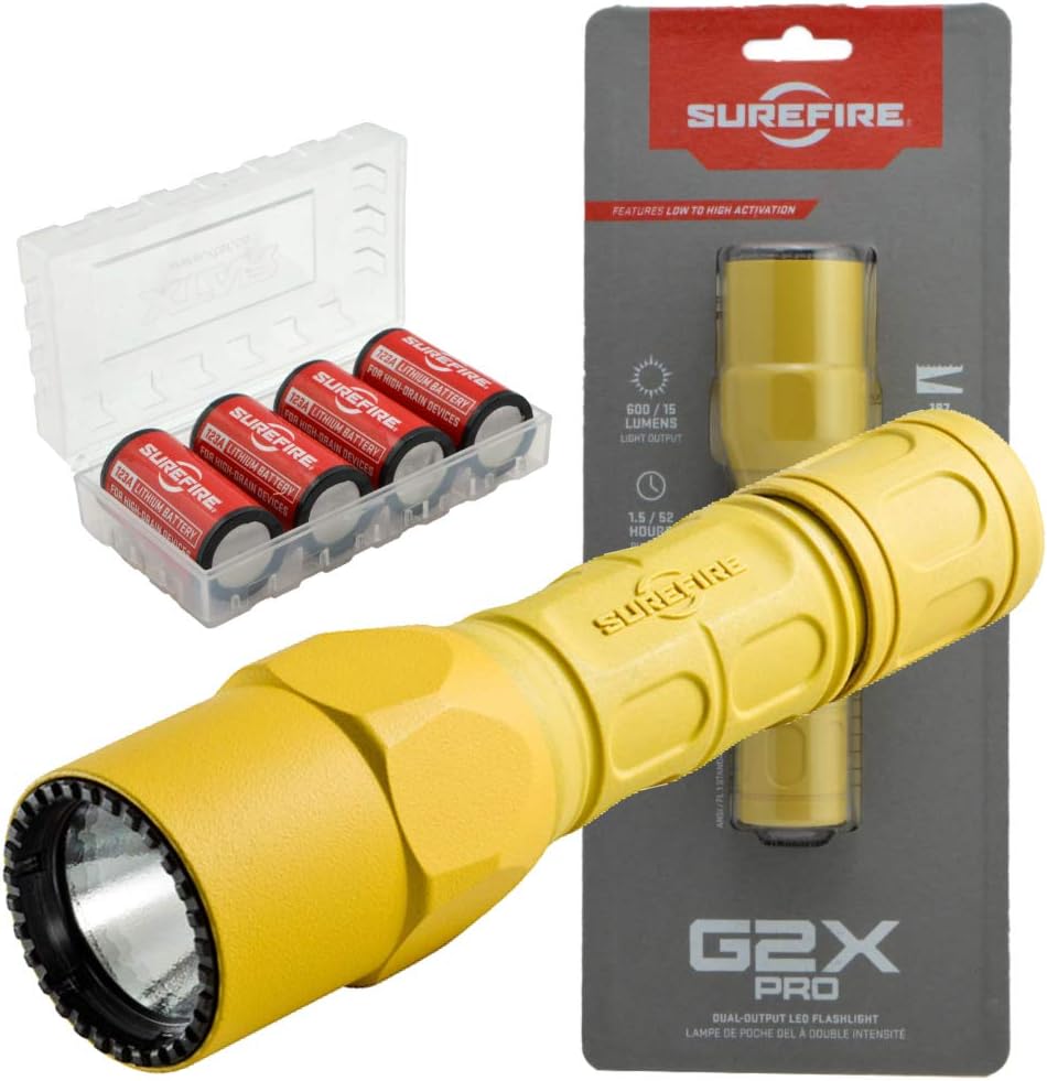 SureFire G2X Pro 600 Lumen Tactical EDC Flashlight Bundle with 4 Extra Surefire CR123A Batteries and Lightjunction Battery Case (Yellow)