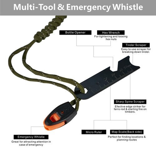 Fire Starter Survival Tool, 5/16" Ferro Rod with Paracord Lanyard, Multi-Tool Striker and Wooden Handle, Flint and Steel Fire Starter Kit for Your Hiking, Backpacking and Camping Essentials