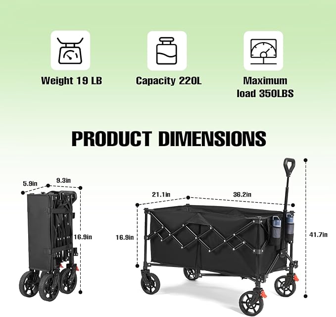 Collapsible Wagon Cart Foldable, 220L Folding Wagon Cart with All-Terrain Wheels, Outdoor Utility Carts with 350lbs Weight Capacity for Grocery Beach Camping Shopping, Black