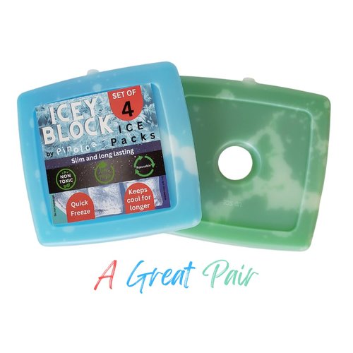 Pinolca Icey Block, Set of 4 Pack Slim Reusable Ice Packs for Lunch Bags, Boxes, and Coolers, Quick Freeze and Space Saving (Multi-Colored)
