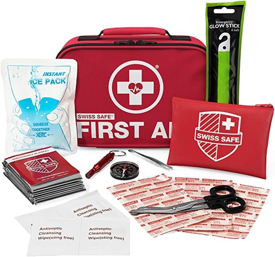 Swiss Safe 2-in-1 First Aid Kit for Car, Travel & Home, Businesses - Bonus Mini Kit for Medical Emergency Aid, Survival, Camping - 64 Piece, Travel FAK