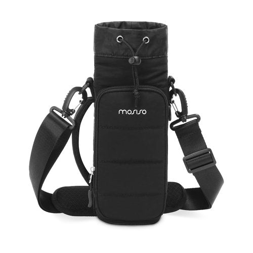 MOSISO Puffy Water Bottle Holder, 32oz / 40oz Insulated Water Bottle Carrier Bag with Strap, 2 Pockets Water Bottle Sling Bag with Handle for Walking, Hiking, Camping, Traveling, Black