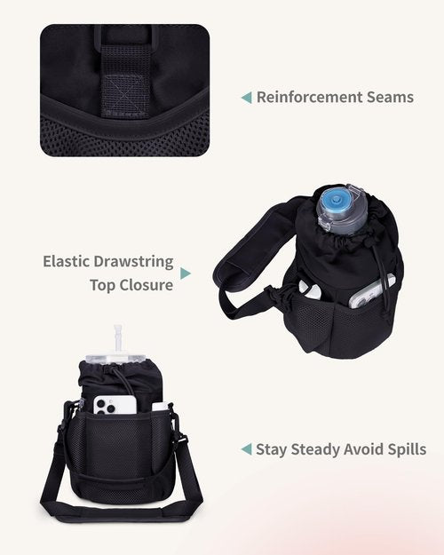 ECOHUB Water Bottle Holder with Strap, Full Coverage Stanley Cup 40/30 oz Tumbler, Insulated Water Bottle Carrier Bag with Back Safety Pocket, Crossbody Sling with Handle for Walking, Black
