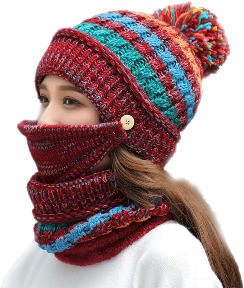 Ypser Women's Winter Warm Knitted Crochet Hat Fleece Lined Cable Faux Fur Pom Pom Beanie Hat Skull Cap