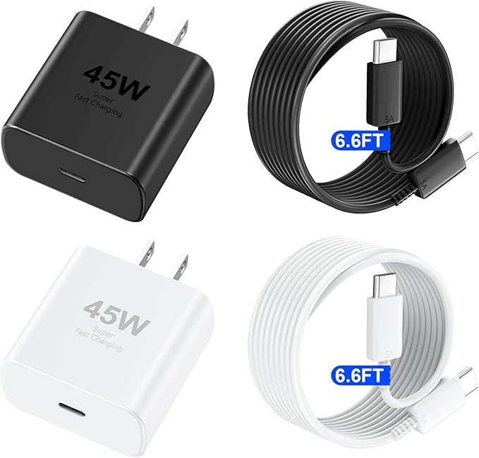 Phone 16 Pro Max Charger Fast Charging, 45W USB C Phone 16 Super Fast Charger Block with 6.6ft Long Type C Charging Cable Cord for Phone 16/16 Pro/16 Pro Max/16 Plus, 15/15 ProMax/Pro/Plus-White+Black