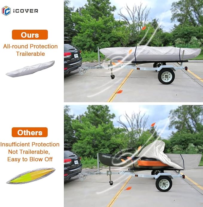 i COVER 16ft Kayak Cover- Water Proof 600D Heavy Duty Kayaks/Canoe Covers Fits Canoes or Paddleboards up to 16ft Long and Beam Width up to 36in, Grey