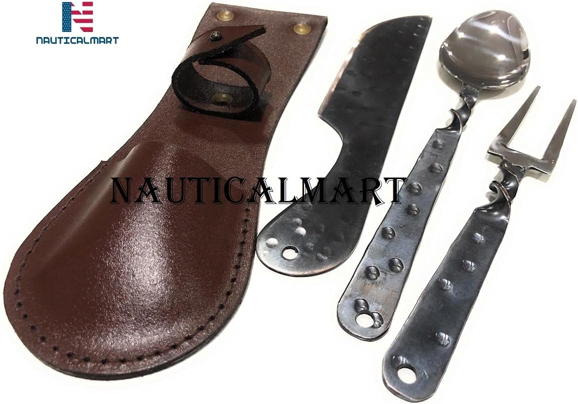 Nauticalmart Hand Forged Medieval Cutlery Set in Leather Pouch, Ideal for Re-enactment