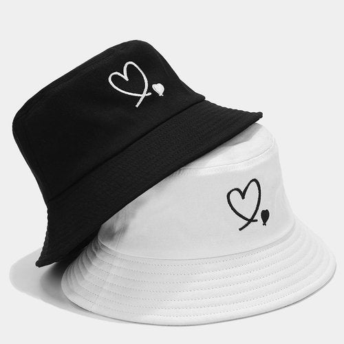 XYIYI Double Heart Black Fashion Embroidery Bucket Hat Cotton Beach Fisherman Hats for Women Girls