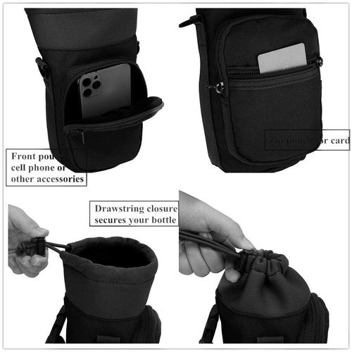 Water Bottle Pouch Multi-Purpose Hydration Waist Carrier Bag with Detachable Handle Strap &Shoulder Strap (Black)