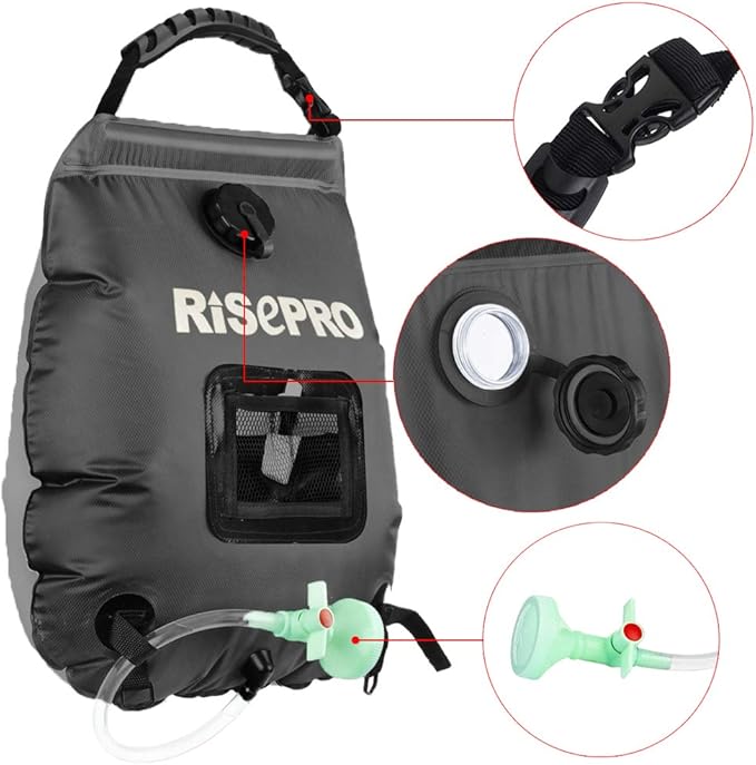 Solar Shower Bag, RISEPRO 5 gallons/20L Solar Heating Premium Camping Shower Bag Hot Water with Temperature 45°C Removable Hose on/Off Switchable Shower Head Hiking Climbing Summer Shower K8