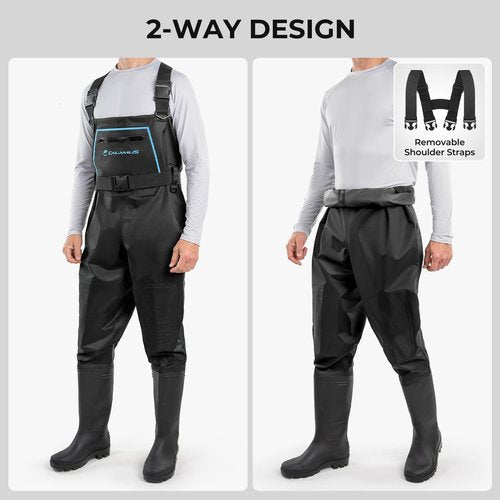 Calamus WaveWalker Fishing Waders for Men & Women, 100% Waterproof PVC Chest Waders with Slip-Resistant Boots, Tear-Resistant Nylon, Ample Storage, Wader Hanger, Black, M10/W12