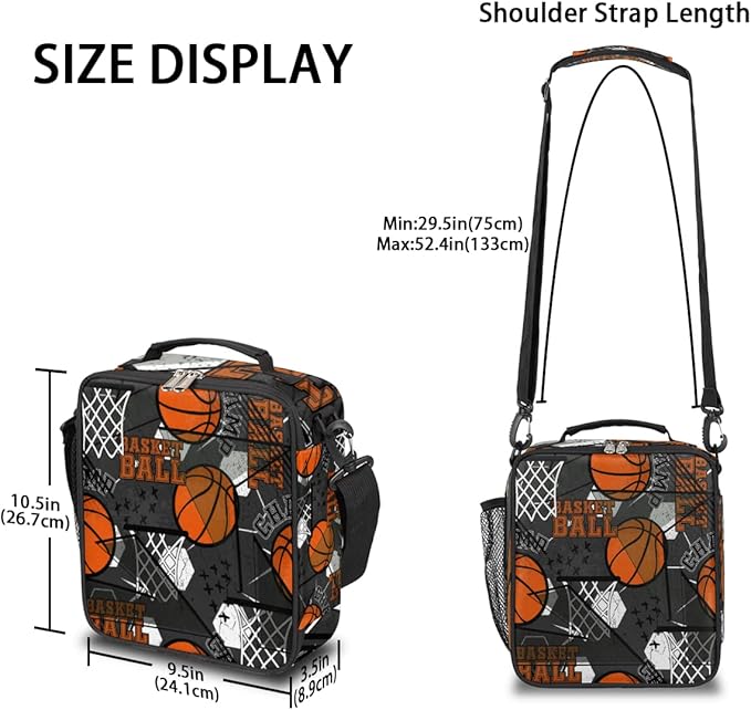 cfpolar Basketball Lunch Box for Boys Insulated Lunch Bags Reusable Mini Cooler Lunch Tote Mens Lunchbox Thermal Meal Tote Kit with Shoulder Strap for Work School Picnic