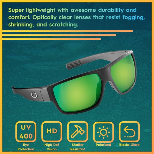 Flying Fisherman Granders Polarized Square Sunglasses, Matte Black Frame/Green Mirror Lens, Large