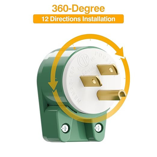 USA Canada 90 Degree 15A 125V 3Pin Right Angle Nema 5-15P Angled Rewireable AC Plug - 10Pack, Green