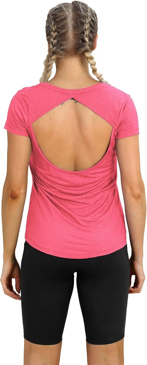 icyzone Open Back Workout T-Shirts for Women - Running Gym Shirts Yoga Tops Exercise Short Sleeves