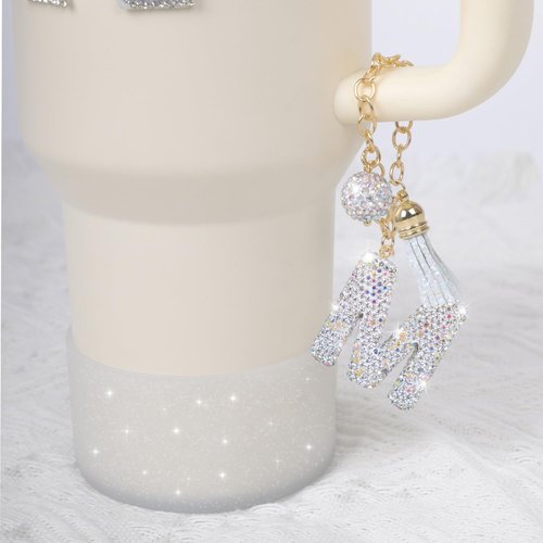 LA KEN DU Letter Charms for Stanley Cup Handle,Silicone Boot Accessories Charms for Stanley Cup 40oz 30oz,Crown Straw Cover Topper & Diamond Sticker (M)