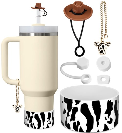 Toykee Cup Boot with Accessories for Stanley 40 30 oz - West Cowboy Straw Toppers Cover Cow Print Bottom Protector Leak Proof Lid Spill Stopper Sets, and Keychain Charms for Tumbler