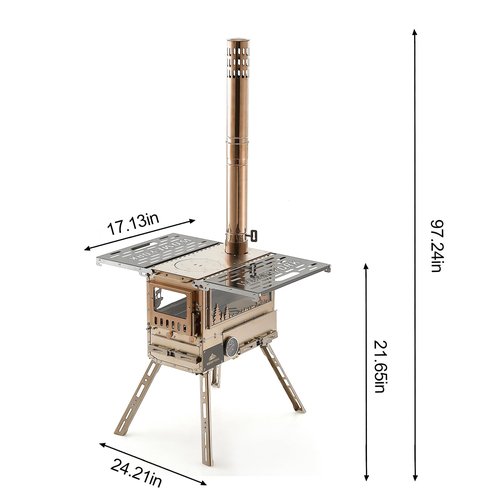 WomeYork Multi-Fuel Camp Stove with Baking Oven & Steel Chimney Pipe – Portable Tent Stove for Outdoor Shelter Heating, Cooking, and Wilderness Survival(Golden)