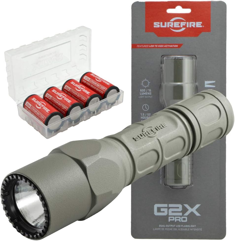 SureFire G2X Pro 600 Lumen Tactical EDC Flashlight Bundle with 4 Extra SureFire CR123A Batteries and Lightjunction Battery Case (Green)