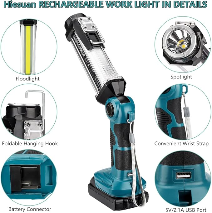 Cordless LED Work Light for Makita 18V Li-ion Battery, 35W 2000LM Outdoor Flashlight Portable Camping Lanterns with Hook, 90°Rotatable for Car Repairing, Job Site Lighting, Emergency