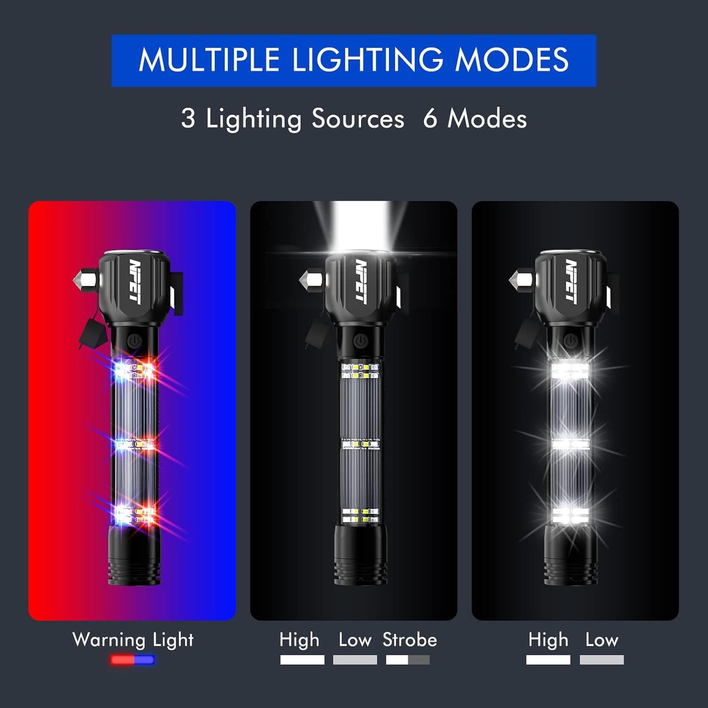 NPET T10 Car Flashlight 500 Lumens LED COB Light Solar Powered USB Rechargeable Tactical Multi-Function Torch Tool with 120dB Siren Window Breaker Seat Belt Cutter Compass for Camping