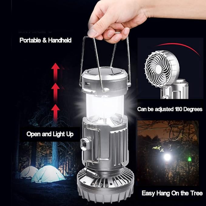 Solar Camping Lantern with Fan, 3-Way Power Source,Rechargeable Lanterns for Power Outages, Camping Lights for Tent Hurricane Emergency Camping Gear Must Haves (2Pack)