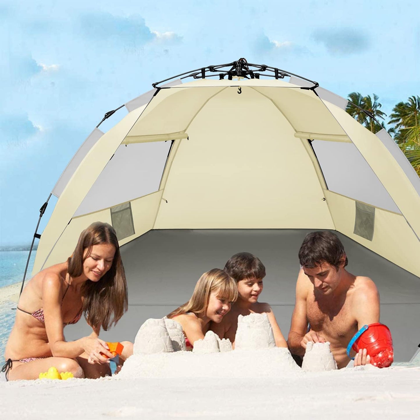 Oileus X-Large 4 Person Beach Tent Sun Shelter - Portable Sun Shade Instant Tent for Beach with Carrying Bag, Stakes, 6 Sand Pockets, Anti UV for Fishing Hiking Camping, Waterproof Windproof, Orange