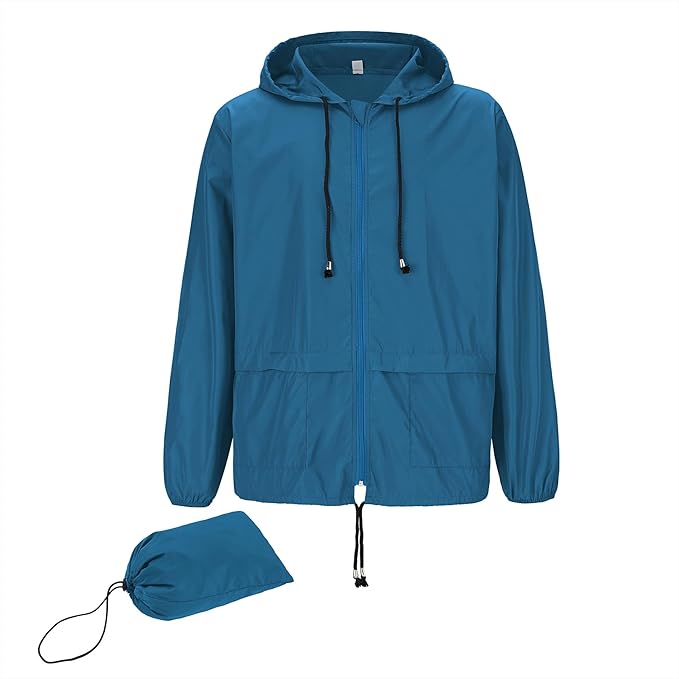 Zando Packable Rain Jacket for Men - Waterproof Hooded Raincoat, Windbreaker for Outdoor Travel Golf - Lightweight Blue L