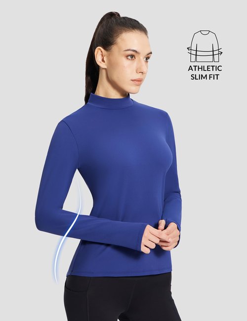 baleaf Thermal Long Sleeve Shirts for Women Mock Neck Base Layer Top Warm Fleece Winter Clothes Cold Weather Gear with Neck Gaiter Blue M