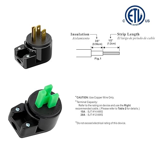 ETL Verified 3-Pack Nema 5-15P 90 Degree Right Angle Plug, 15A 125V USA 3-Prong Household Angled AC Plug, Black
