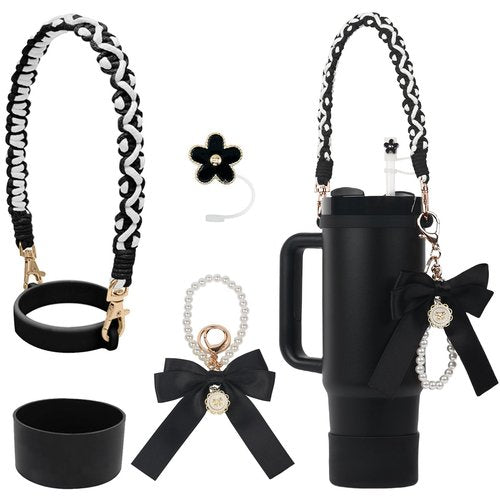 BELSITA Stanley Cup Accessories Set - Pearl Chain Braided Design Water Bottle Handle Strap, Silicone Boot, Charms for 30/40oz Tumble (Black)